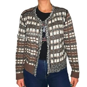 Cabi Open Cotton Tweed Long Sleeve Cardigan Size Medium Brown Striped